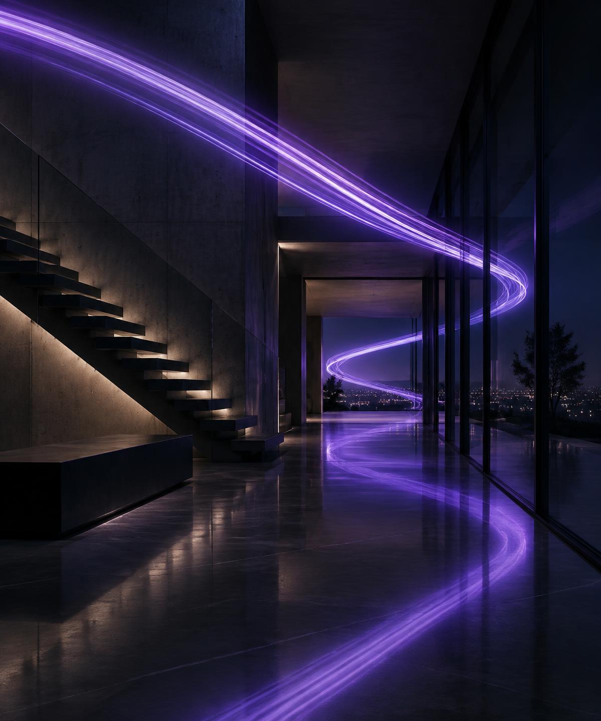 Violet light trails flowing through a dark, modern architectural interior