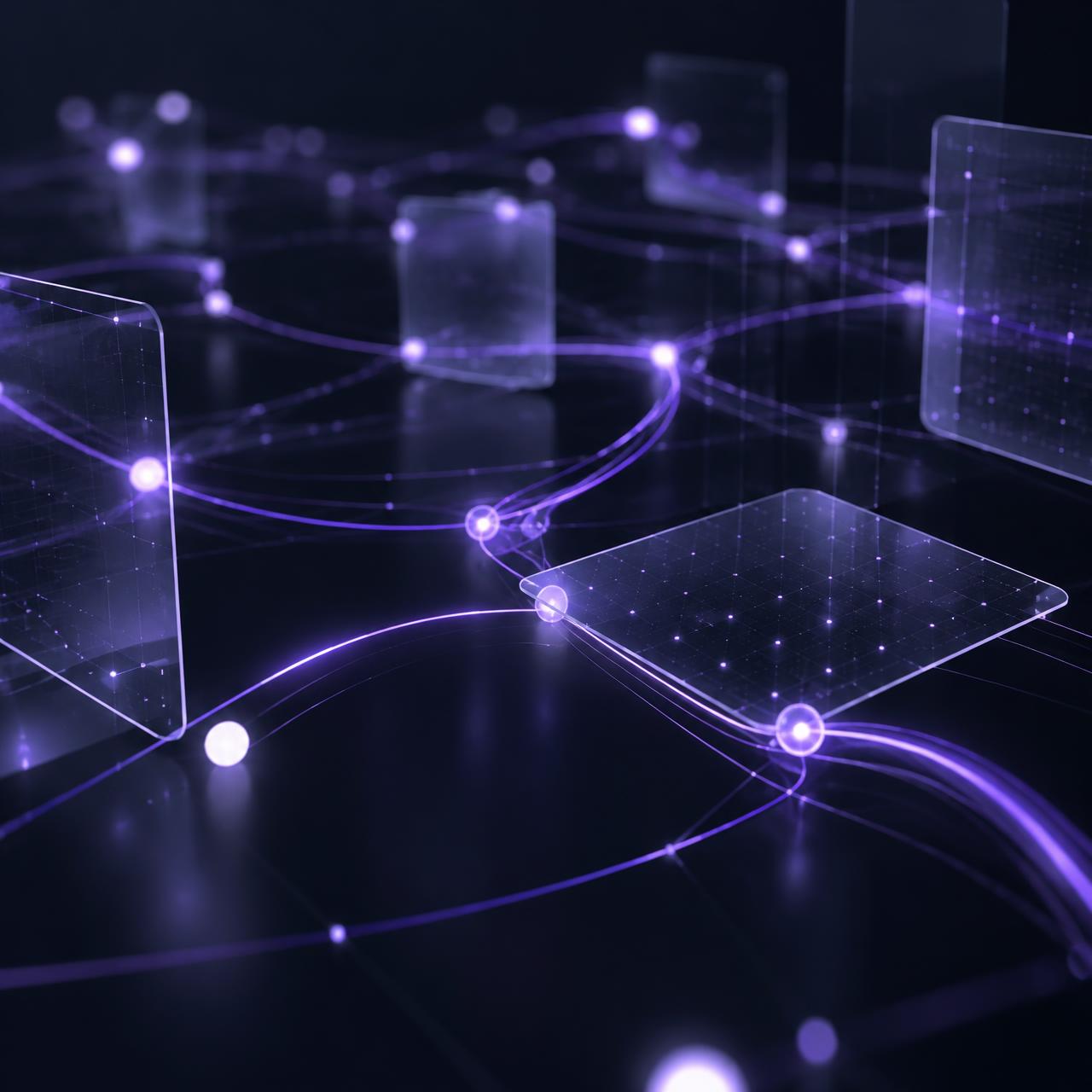 Abstract violet workflow lines connecting translucent interface panels